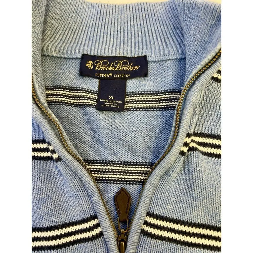Vintage Brooks Brothers Sweater Men XL 1/4 Zip Supima Cotton Blue Striped Preppy
